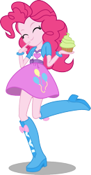 Size: 445x850 | Tagged: safe, artist:seahawk270, pinkie pie, equestria girls, friendship games, balloon, boots, bracelet, clothes, cupcake, cute, dessert, diapinkes, eyes closed, food, giggling, happy, high heel boots, jewelry, raised leg, skirt, solo, vector
