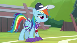 Size: 1920x1080 | Tagged: safe, derpibooru import, edit, edited screencap, editor:peternators, screencap, rainbow dash, pegasus, pony, 2 4 6 greaaat, cap, cheerleader, cheerleader outfit, cheerleader rainbow dash, clothes, coach rainbow dash, coaching cap, cute, female, folded wings, mare, miniskirt, multicolored mane, multicolored tail, narrowed eyes, pleated skirt, pom pom, rainbow dash always dresses in style, skirt, smiling, smirk, solo, whistle, whistle necklace