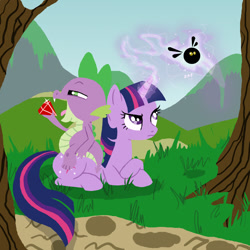 Size: 1181x1181 | Tagged: safe, artist:jessanight, derpibooru import, spike, twilight sparkle, dragon, parasprite