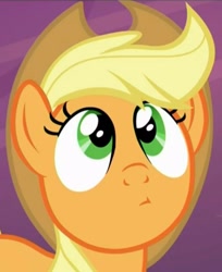 Size: 502x615 | Tagged: safe, screencap, applejack, earth pony, pony, the one where pinkie pie knows, applejack's hat, cowboy hat, cute, face, female, hat, jackabetes, looking up, solo