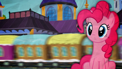 Size: 1920x1080 | Tagged: safe, artist:cloudbringerart, derpibooru import, pinkie pie, earth pony, pony, female, solo, train, train station, vector, wallpaper