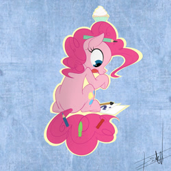 Size: 900x900 | Tagged: safe, artist:eat-at-eriks, pinkie pie, earth pony, pony, cupcake, food, pencil, solo