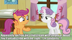 Size: 959x538 | Tagged: safe, edit, edited screencap, screencap, scootaloo, sweetie belle, bloom and gloom, forced meme, impact font, jontron, meme, mouthpiece, sargon of akkad, scootaloo is wrong about everything, strawman, text