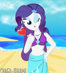 Size: 2576x2864 | Tagged: safe, artist:cyber-murph, rarity, equestria girls, equestria girls series, beach, belly button, bikini, blowing a kiss, breasts, cleavage, clothes, female, hand on hip, heart, jewelry, midriff, necklace, ocean, one eye closed, sarong, signature, solo, swimsuit, wink