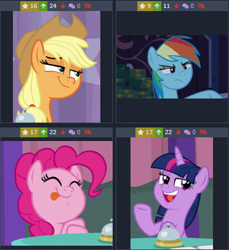 Size: 372x406 | Tagged: safe, derpibooru import, edit, edited screencap, screencap, applejack, pinkie pie, rainbow dash, twilight sparkle, twilight sparkle (alicorn), alicorn, earth pony, pegasus, pony, 28 pranks later, a trivial pursuit, applejack's hat, bedroom eyes, cowboy hat, derpibooru, hat, juxtaposition, meta, one of these things is not like the others, smiling, tongue out