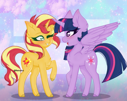 Size: 1270x1006 | Tagged: safe, artist:ramufuu, sunset shimmer, twilight sparkle, twilight sparkle (alicorn), alicorn, pony, unicorn, chest fluff, colored hooves, duo, ear fluff, female, mare, one eye closed, open mouth, raised hoof, smiling, wink