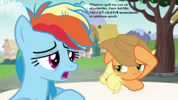 Size: 1280x720 | Tagged: safe, derpibooru import, edit, edited screencap, screencap, applejack, rainbow dash, earth pony, pegasus, pony, every little thing she does, applejack's hat, censored vulgarity, cowboy hat, grawlixes, hat, headache, pain star, speech