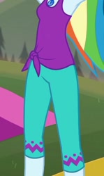 Size: 342x575 | Tagged: safe, derpibooru import, screencap, rainbow dash, better together, choose your own ending, equestria girls, wake up!, wake up!: rainbow dash, armpits, belly, clothes, cropped, cute, dashabetes, geode of super speed, legs, magical geodes, pants, stomach, yoga pants