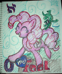 Size: 996x1182 | Tagged: safe, artist:ciaran, gummy, pinkie pie, earth pony, pony, sketch, tarot card, the fool, traditional art