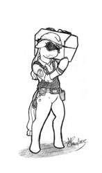 Size: 684x1167 | Tagged: artist needed, safe, applejack, anthro, arm hooves, belt, bottomless, clothes, engineer, floppy ears, frown, glare, goggles, helmet, monochrome, overalls, parody, simple background, solo, team fortress 2, white background