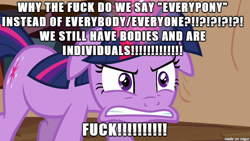 Size: 610x343 | Tagged: safe, edit, edited screencap, screencap, twilight sparkle, pony, unicorn, angry, excessive exclamation marks, image macro, meme, mouthpiece, question, unintentionally hilarious, vulgar