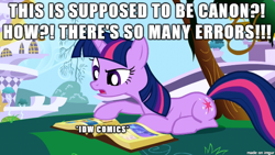 Size: 610x343 | Tagged: safe, idw, twilight sparkle, canon, comic drama, continuity, continuity error, error, grammar error, idw canon drama, idw drama, image macro, meme, mouthpiece, non canon, op is a cuck, plothole, question