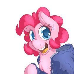 Size: 6000x6000 | Tagged: safe, artist:fluffyxai, pinkie pie, earth pony, pony, absurd resolution, chest fluff, clothes, cute, diapinkes, ear piercing, earring, fluffy, hoodie, jewelry, looking at you, open mouth, piercing, raised hoof, simple background, smiling, solo, transparent background