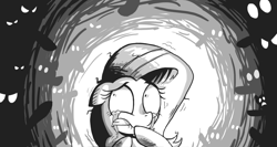 Size: 1231x657 | Tagged: safe, artist:php104, fluttershy, pegasus, pony, anxiety, crying, monochrome, offscreen character, pointing, scared