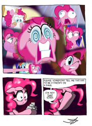 Size: 1024x1408 | Tagged: safe, artist:ringteam, derpibooru import, pinkie pie, earth pony, pony, the one where pinkie pie knows, comic, faic, female, floppy ears, mare, mouthpiece, solo, swirly eyes