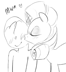 Size: 1042x1137 | Tagged: safe, artist:dotkwa, rarity, oc, oc:anon, human, pony, unicorn, blushing, eyes closed, female, heart, kiss on the cheek, kissing, mare, monochrome, smiling