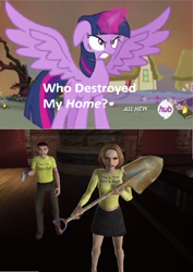 Size: 568x803 | Tagged: safe, derpibooru import, twilight sparkle, twilight sparkle (alicorn), alicorn, pony, exploitable meme, female, mare, meme, postal 2, shovel, who destroyed twilight's home