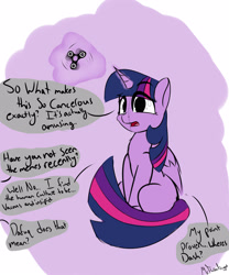 Size: 2500x3000 | Tagged: safe, artist:a8f12, twilight sparkle, twilight sparkle (alicorn), alicorn, pony, confused, cute, dialogue, female, fidget spinner, fluffy, frown, interaction, levitation, magic, mare, mouthpiece, offscreen character, open mouth, simple background, sitting, telekinesis, vulgar