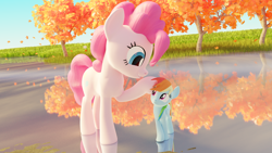 Size: 2880x1620 | Tagged: safe, artist:ashwilljones, derpibooru import, pinkie pie, rainbow dash, earth pony, pegasus, pony, 3d, blender, lake, size difference, smol, smoldash