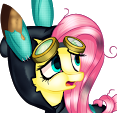 Size: 117x113 | Tagged: safe, artist:xxmissteaxx, fluttershy, pegasus, pony, bunny ears, clothes, costume, dangerous mission outfit, female, goggles, hoodie, mare, open mouth, pixel art, simple background, solo, transparent background