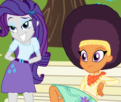 Size: 2757x2330 | Tagged: safe, artist:ktd1993, artist:ravenwolf-bases, rarity, saffron masala, equestria girls, afro, alternate hairstyle, bench, female, lesbian, park, raffron, shipping