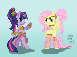 Size: 1024x766 | Tagged: safe, artist:keikowashere, derpibooru import, fluttershy, twilight sparkle, pegasus, pony, belly dancer, bipedal, bracelet, clothes, duo, harem outfit, looking at you, midriff, see-through, veil