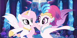 Size: 3732x1848 | Tagged: safe, artist:velveagicsentryyt, princess celestia, queen novo, seapony (g4), my little pony: the movie, cewestia, childhood friends, cute, cutelestia, female, filly, hug, novobetes, pink-mane celestia, sealestia, seaponified, seapony celestia, species swap, young, younger