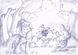 Size: 2332x1652 | Tagged: safe, artist:piterq12, derpibooru import, spike, twilight sparkle, dragon, fire, forest, sketch, traditional art, wince