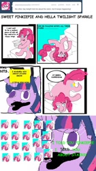 Size: 670x1188 | Tagged: safe, derpibooru import, pinkie pie, twilight sparkle, earth pony, pony, ask, comic, parody, stairs, sweet bro and hella jeff, tumblr, vulgar, wtf