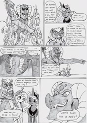 Size: 1654x2338 | Tagged: safe, artist:kuroneko, derpibooru exclusive, catrina, dragon lord torch, princess celestia, princess luna, alicorn, dragon, pony, g1, comic, grayscale, monochrome, traditional art