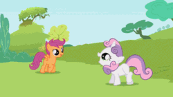 Size: 488x275 | Tagged: safe, artist:ah96, edit, edited screencap, editor:ah96, screencap, apple bloom, scootaloo, sweetie belle, lesson zero, animated, cutie mark crusaders, dumb head, funny, headless, i can't believe it's not superedit, modular, playing, pronking, wat