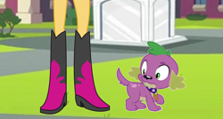 Size: 2996x1608 | Tagged: safe, spike, spike the regular dog, sunset shimmer, dog, equestria girls, boots, legs, pictures of legs, shoes