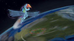 Size: 1280x720 | Tagged: safe, artist:taggerung, derpibooru import, rainbow dash, pegasus, pony, female, flying, mare, planet, solo, sonic rainboom, space, spread wings, wings