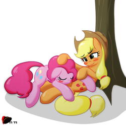 Size: 1000x1000 | Tagged: safe, artist:ggumbaramggun, applejack, pinkie pie, earth pony, pony, applepie, female, lesbian, shipping, simple background, sleeping, transparent background, tree