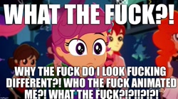 Size: 1128x628 | Tagged: safe, edit, edited screencap, screencap, captain planet, golden hazel, indigo wreath, nolan north, scootaloo, sophisticata, eqg summertime shorts, equestria girls, raise this roof, discovery family logo, excessive exclamation marks, fall formal outfits, image, image macro, meme, mouthpiece, op wants attention, ruined, user meltdown in the comments, vulgar, wtf