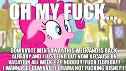 Size: 1280x720 | Tagged: safe, derpibooru import, edit, edited screencap, screencap, pinkie pie, earth pony, pony, derpibooru, downvote, drama, female, image macro, mare, meme, meta, mouthpiece, shocked, surprised, the day downvote died, vulgar