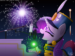 Size: 2000x1500 | Tagged: safe, artist:lennonblack, rarity, pony, unicorn, 4th of july, ancient wonderbolts uniform, clothes, eyes closed, female, fireworks, hat, holiday, mare, microphone, murica, open mouth, piano, sgt. rarity, shako, signature, singing, solo, star spangled banner, uniform