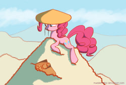 Size: 1643x1113 | Tagged: safe, artist:maddermike, artist:madthemike, pinkie pie, earth pony, pony, conical hat, food, hat, moustache, pile, rice, solo, wat