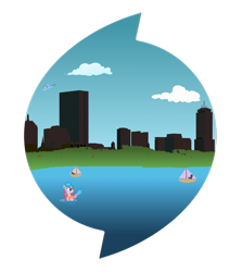 Size: 2252x2664 | Tagged: safe, artist:purpletinker, derpibooru import, pinkie pie, rainbow dash, earth pony, pegasus, pony, boston, city, cityscape, hub logo, sailboat, simple background, skyline, transparent background, water