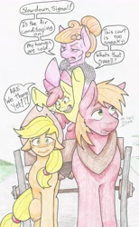 Size: 3857x6249 | Tagged: safe, artist:flicker-show, apple bloom, applejack, big macintosh, oc, earth pony, pony, absurd resolution, cart, complaining, floppy ears, male, stallion, traditional art