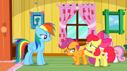 Size: 1920x1080 | Tagged: safe, derpibooru import, screencap, apple bloom, rainbow dash, scootaloo, sweetie belle, pegasus, pony, the last crusade, clubhouse, crusaders clubhouse, cutie mark crusaders