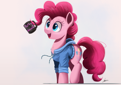 Size: 1609x1125 | Tagged: safe, artist:ncmares, pinkie pie, earth pony, pony, chest fluff, clothes, coffee, coffee mug, cup, cute, diapinkes, female, fluffy, hoodie, mare, ncmares is trying to murder us, open mouth, pinkie found the coffee, prehensile mane, raised leg, signature, simple background, smiling, solo, walking, white background