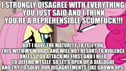 Size: 1600x900 | Tagged: safe, derpibooru import, fluttershy, pinkie pie, earth pony, pegasus, pony, drama, image macro, meme, mouthpiece, text, vulgar