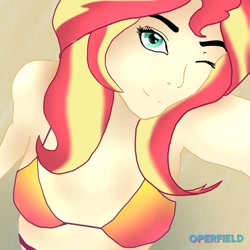 Size: 1080x1080 | Tagged: safe, artist:operfield, sunset shimmer, human, bikini, bust, clothes, female, gradient background, humanized, one eye closed, smiling, solo, swimsuit, wink