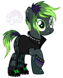 Size: 1818x2265 | Tagged: safe, artist:anri, oc, oc only, oc:ax shred, earth pony, pony, boots, clothes, ear piercing, earring, female, freckles, jacket, jewelry, leather jacket, lip piercing, mare, multicolored hair, piercing, raised hoof, shoes, simple background, solo, stockings, thigh highs, torn clothes, transparent background, wristband