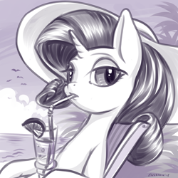 Size: 900x900 | Tagged: safe, artist:kovoranu, rarity, bird, pony, unicorn, beach, chair, drink, drinking straw, female, food, grayscale, hat, lemon, looking at you, mare, monochrome, signature, solo