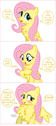 Size: 793x1770 | Tagged: safe, artist:flash equestria photography, fluttershy, pegasus, pony, behaving like a bird, blushing, chest fluff, comic, cute, fluffershy, frown, impossibly large chest fluff, open mouth, pomf, raised hoof, shyabetes, simple background, smiling, solo, spread wings, white background