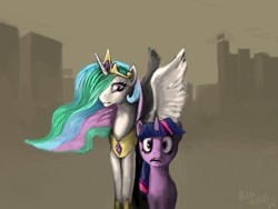 Size: 1469x1102 | Tagged: safe, artist:bigrigs, princess celestia, twilight sparkle, alicorn, pony, unicorn, city, cityscape