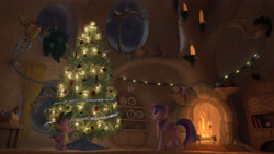 Size: 7680x4320 | Tagged: safe, artist:ig-64, derpibooru import, owlowiscious, spike, twilight sparkle, twilight sparkle (alicorn), alicorn, dragon, pony, 3d, absurd resolution, christmas tree, fireplace, golden oaks library, hearth's warming, hearth's warming eve, interior, tree, wallpaper