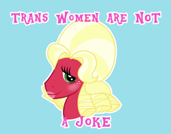 Size: 1280x1005 | Tagged: safe, artist:riisusparkle, big macintosh, earth pony, pony, brotherhooves social, aside glance, blue background, bust, crossdressing, drama, feminist ponies, joke, looking at you, male, meta, mouthpiece, op is a cuck, op is trying to start shit, orchard blossom, portrait, sideways glance, simple background, stallion, wat